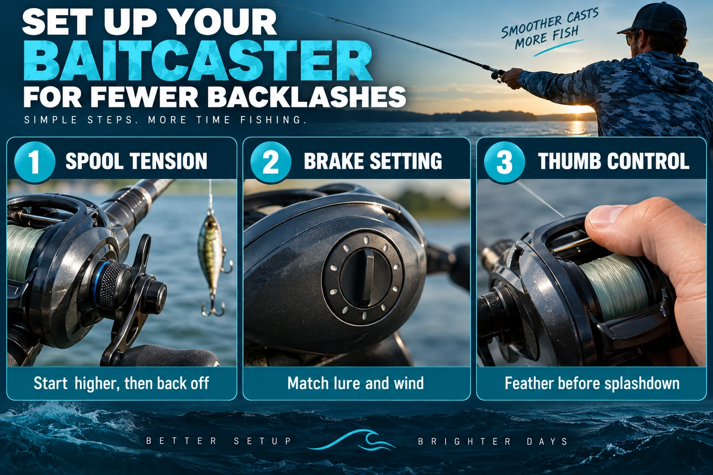Baitcaster setup guide showing spool tension, brake setting and thumb control