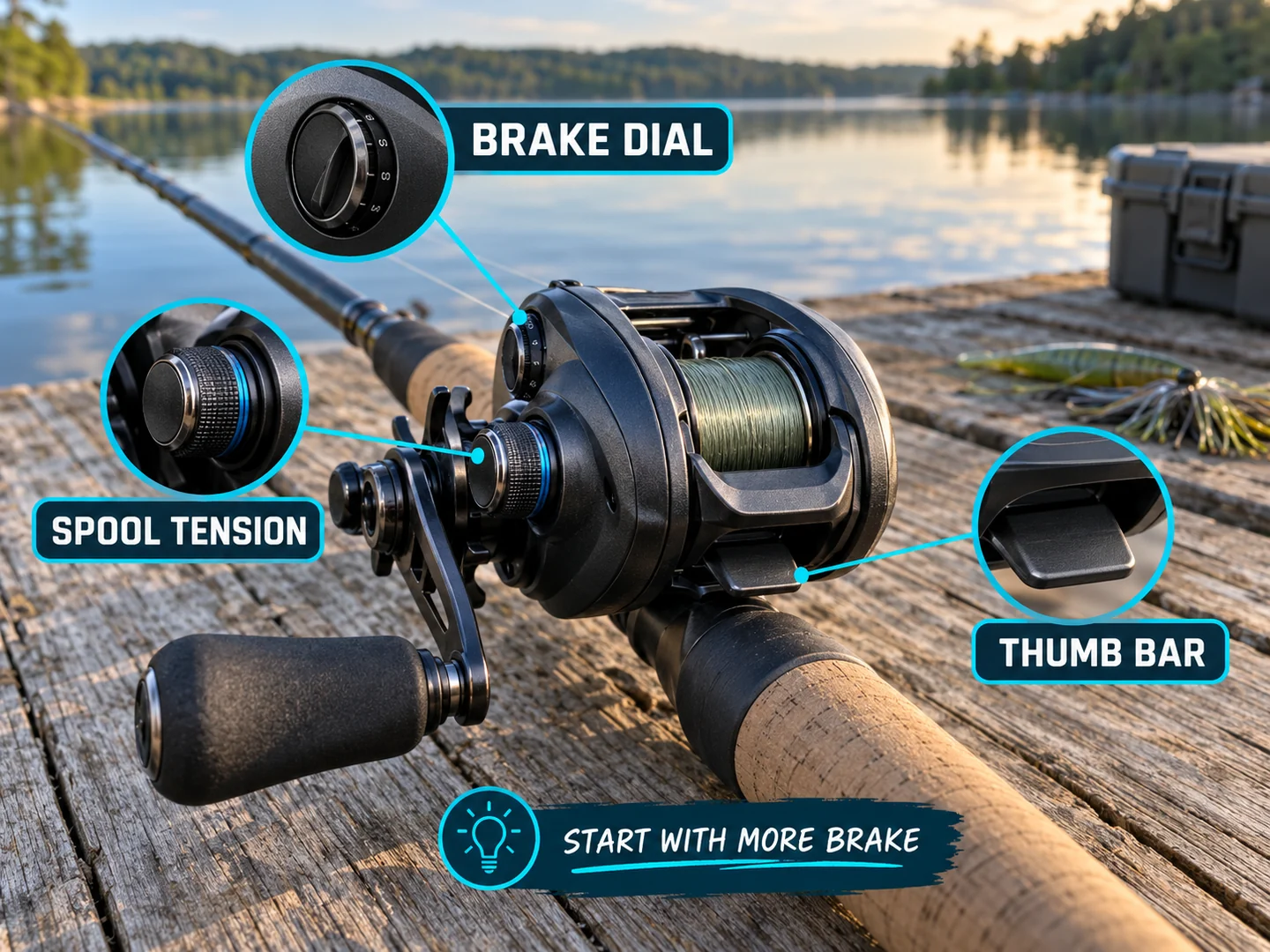 Baitcaster reel controls showing brake dial, spool tension and thumb bar