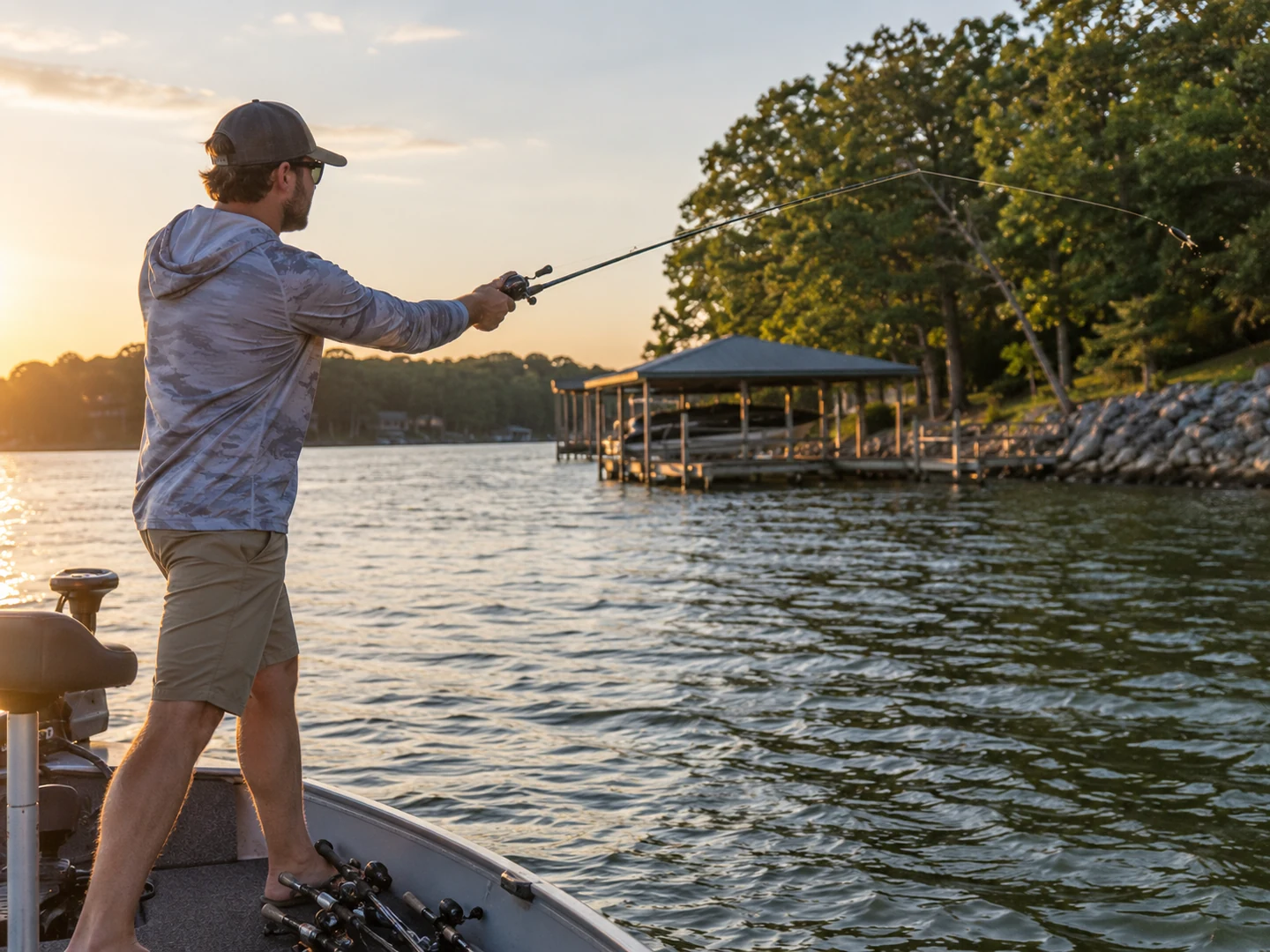 Angler casting a baitcasting setup toward shoreline cover from a bass boat