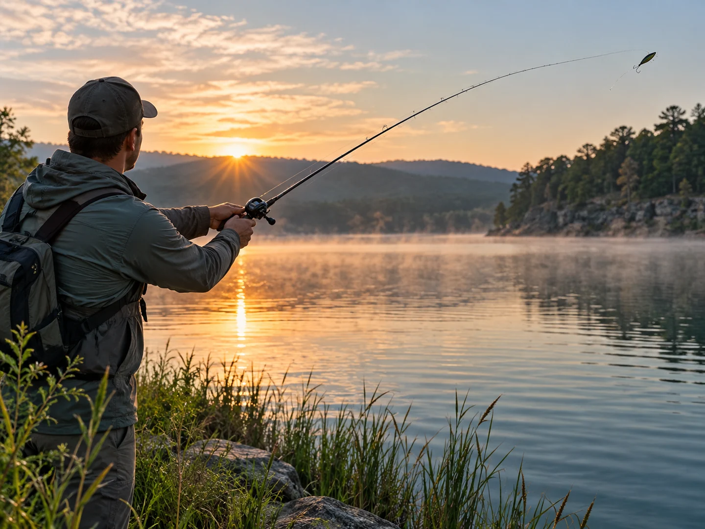Angler casting a baitcasting combo from a lakeshore at sunrise