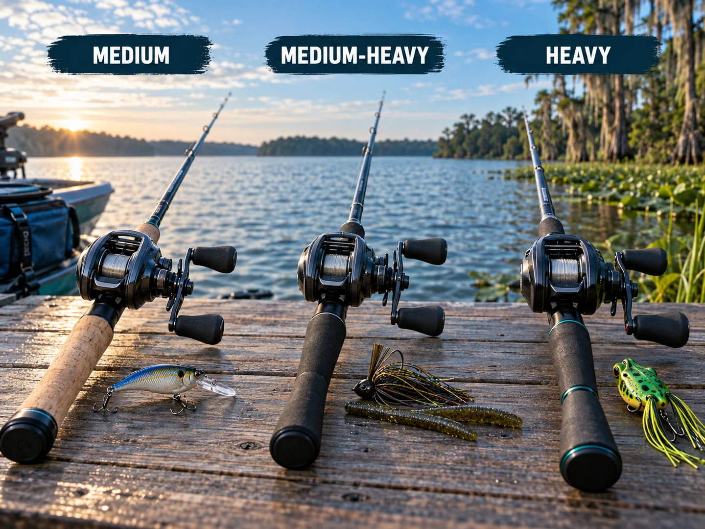 Medium, medium-heavy and heavy baitcasting setups compared with representative lures