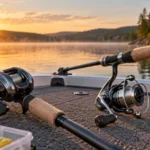 Spinning reel and baitcasting reel on a fishing boat at sunrise