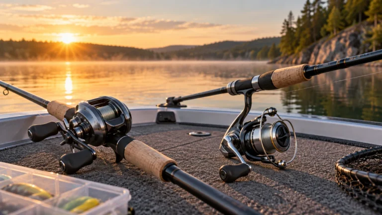 Spinning reel and baitcasting reel on a fishing boat at sunrise