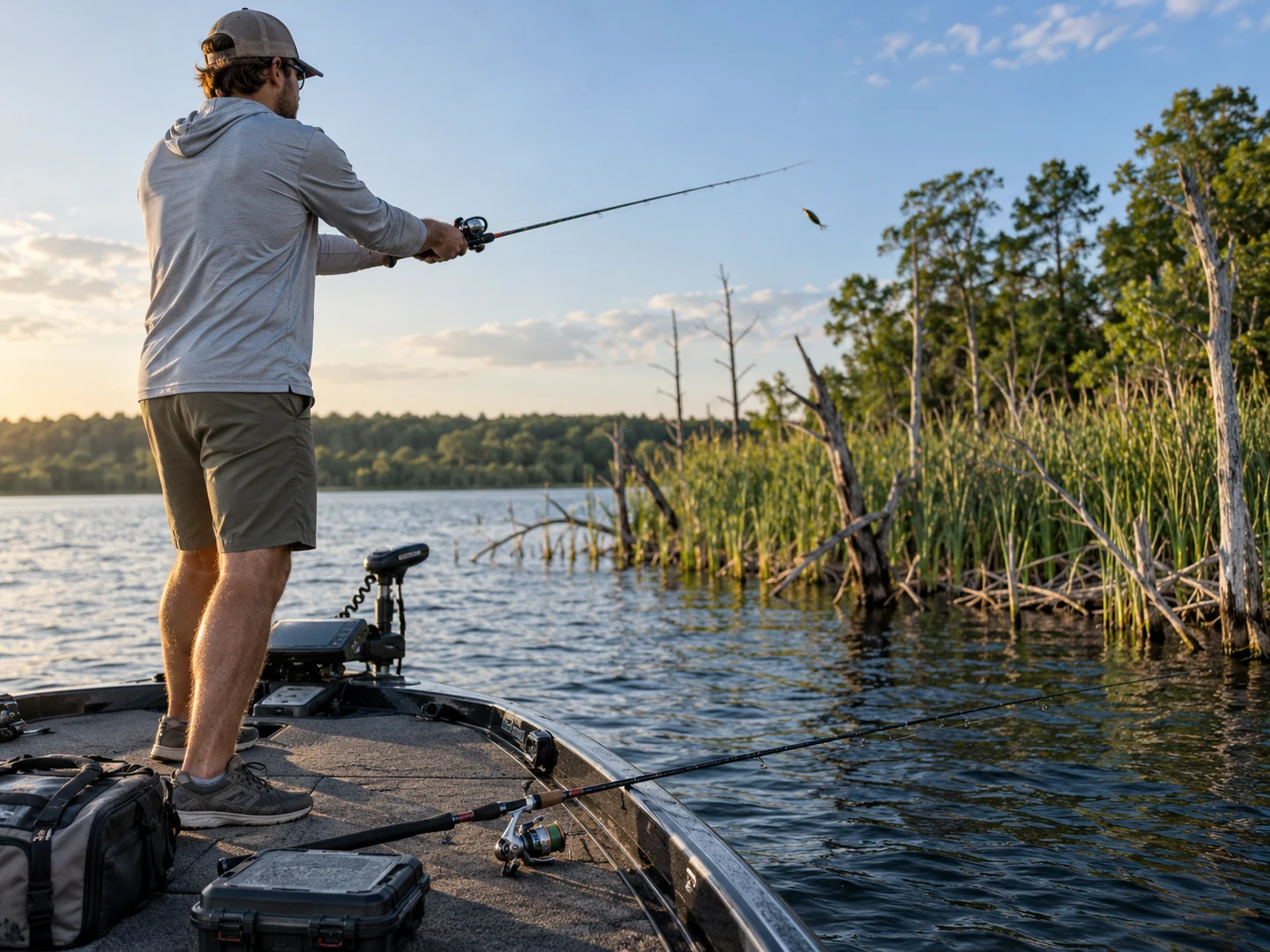 Angler making a targeted cast from a boat near shoreline cover