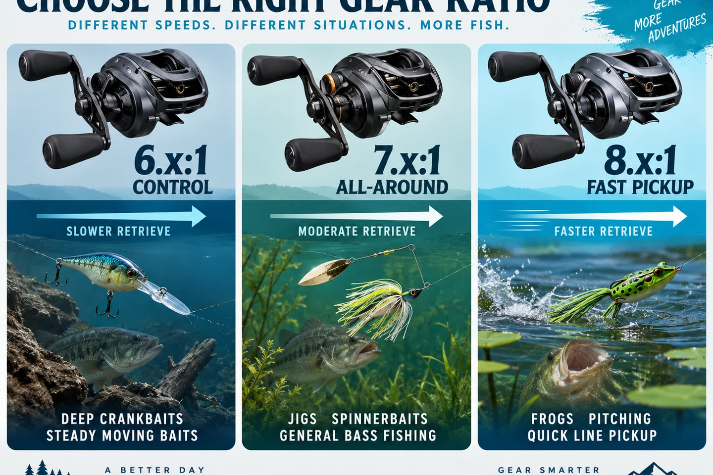 Baitcasting reel gear ratio guide comparing slower, all-around and fast retrieve speeds