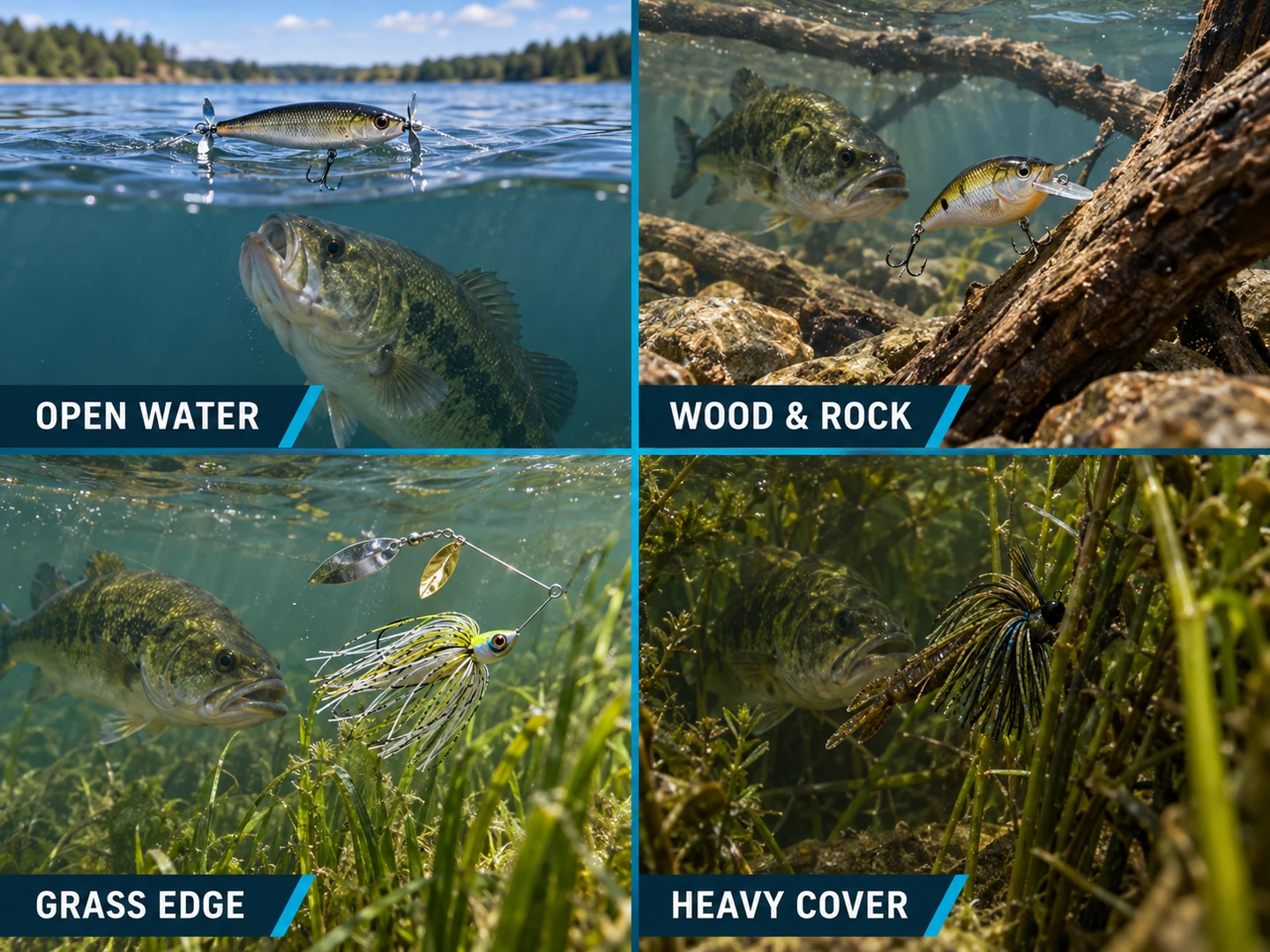 Bass lure cover guide comparing open water, wood and rock, grass edge, and heavy cover