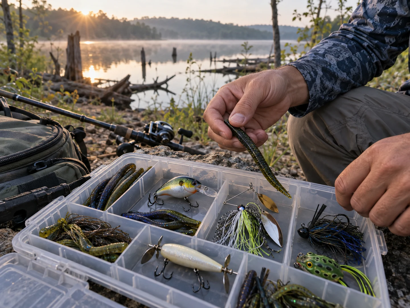 Angler selecting a soft plastic from a tackle box beside a lake