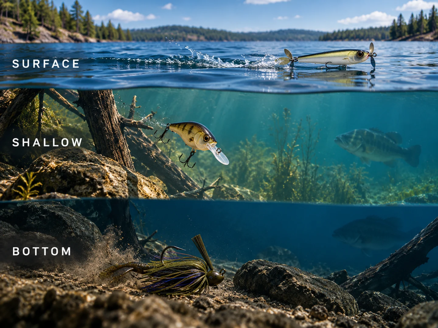 Bass lure water-column guide showing surface, shallow, and bottom presentations