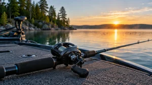 Baitcasting rod and low-profile reel on a bass boat at sunrise