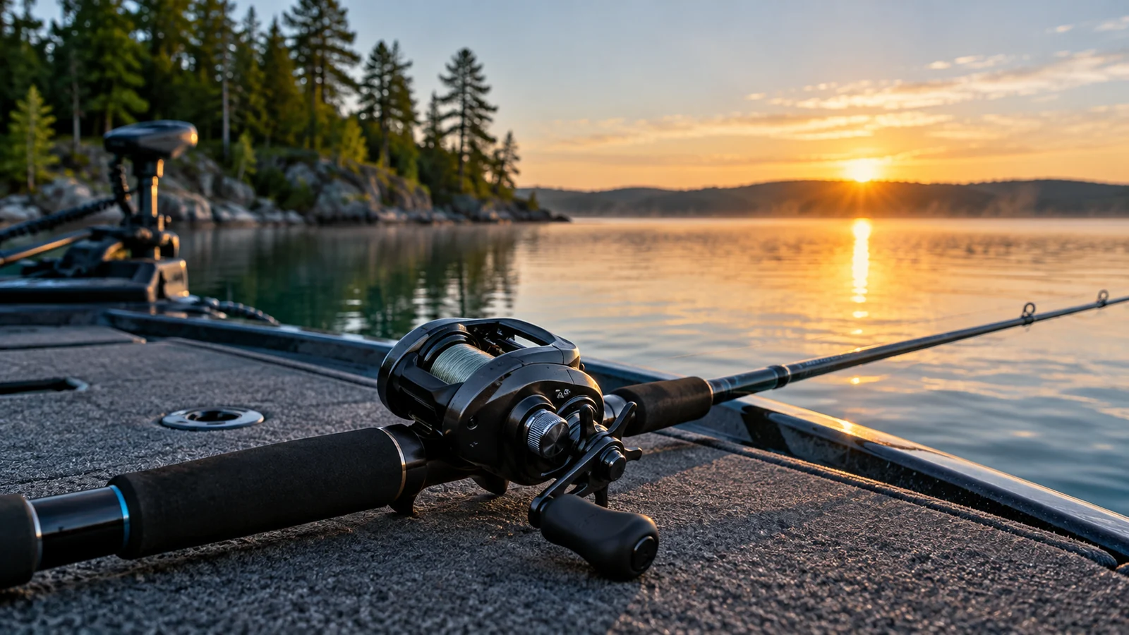 Baitcasting rod and low-profile reel on a bass boat at sunrise