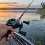 Angler holding a baitcasting reel over a calm bass lake at sunrise
