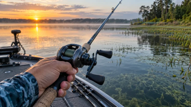 Angler holding a baitcasting reel over a calm bass lake at sunrise
