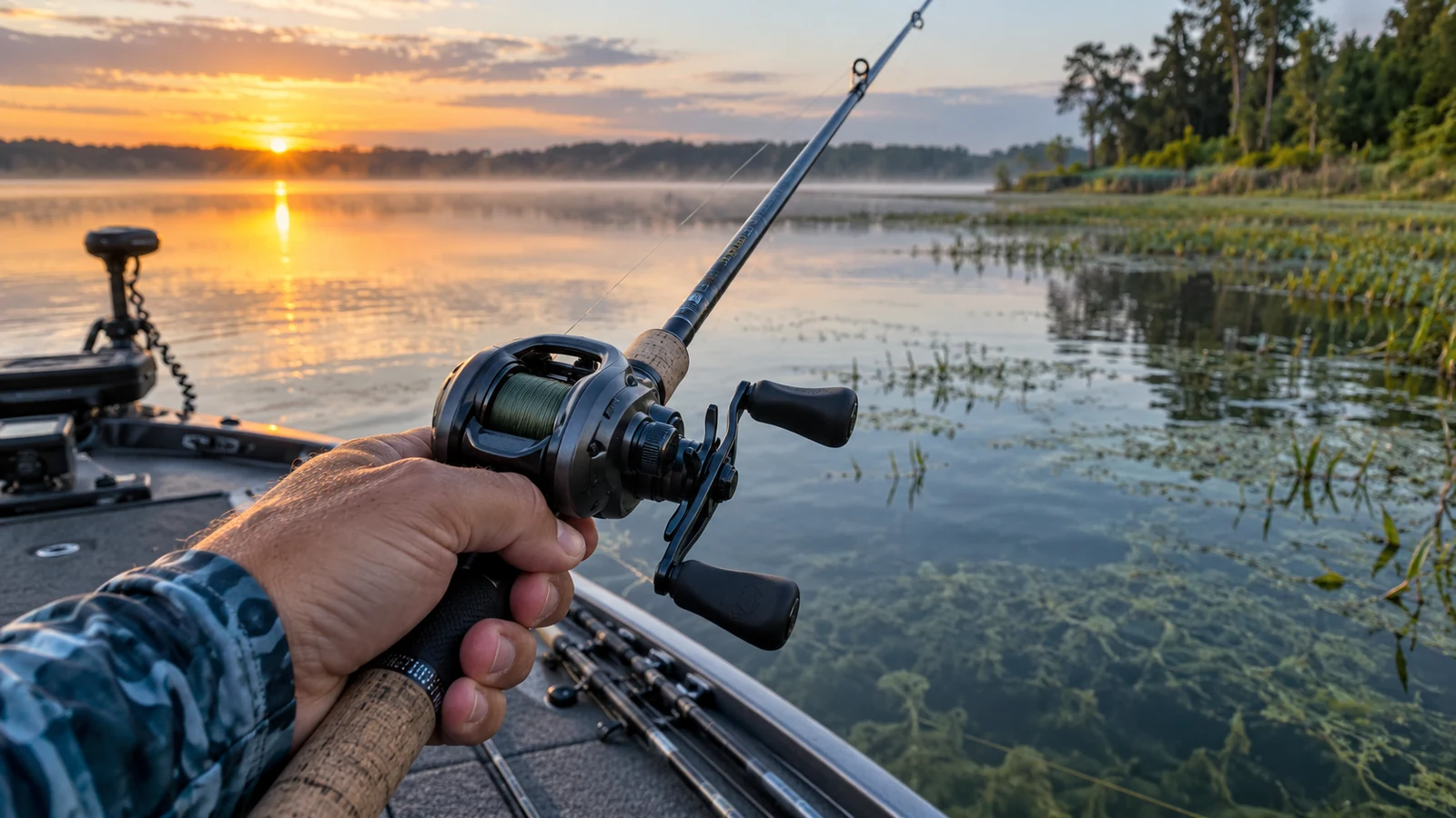 Angler holding a baitcasting reel over a calm bass lake at sunrise