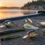 Assorted bass lures arranged on a bass boat deck at sunrise