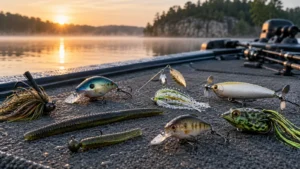 Assorted bass lures arranged on a bass boat deck at sunrise