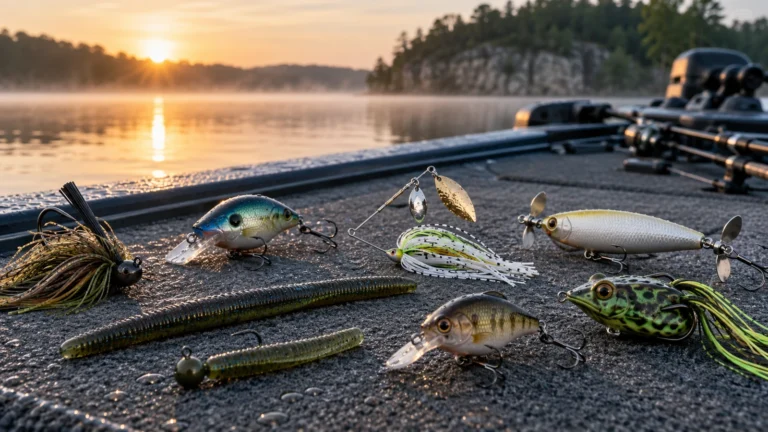 Assorted bass lures arranged on a bass boat deck at sunrise