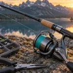 Spinning reel and braided fishing line beside a calm mountain lake at sunrise