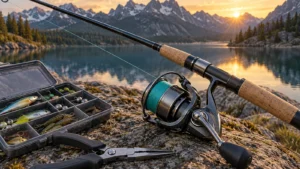 Spinning reel and braided fishing line beside a calm mountain lake at sunrise