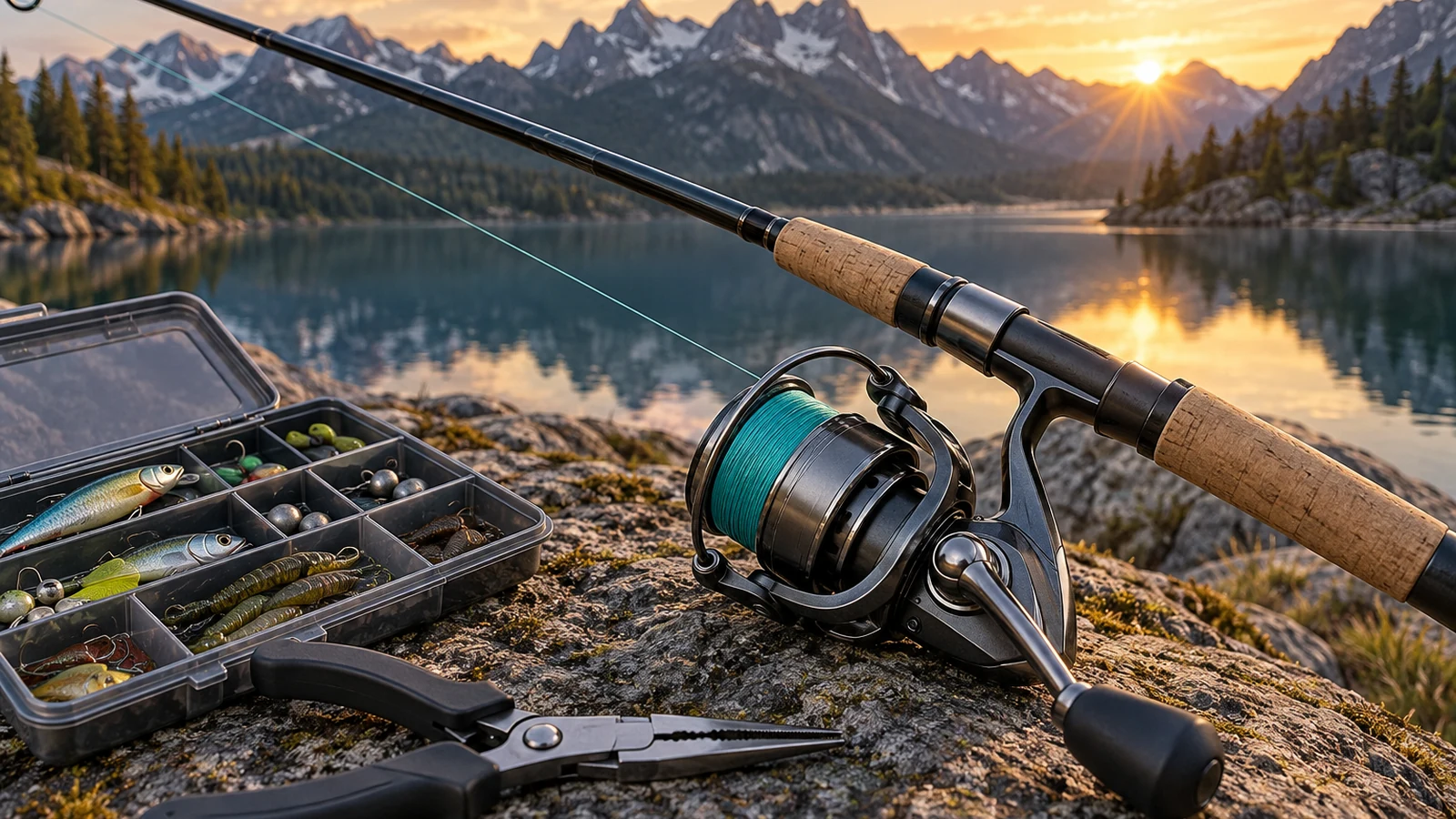 Spinning reel and braided fishing line beside a calm mountain lake at sunrise