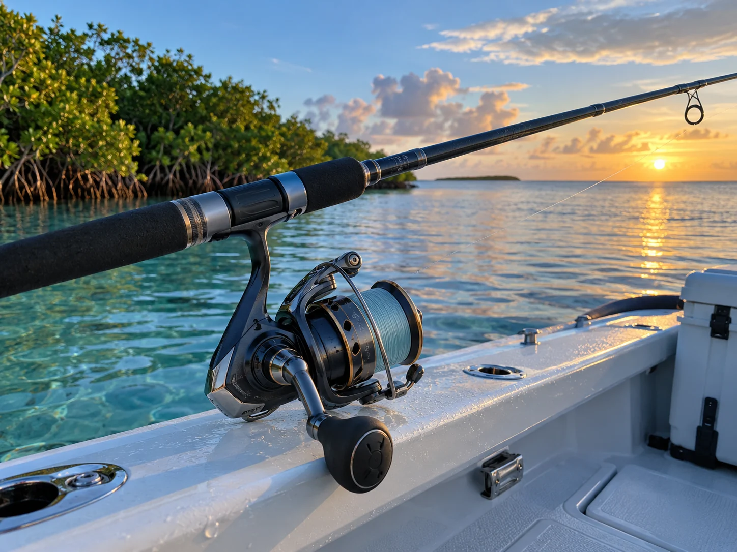 Saltwater spinning setup on a skiff near mangroves at golden hour