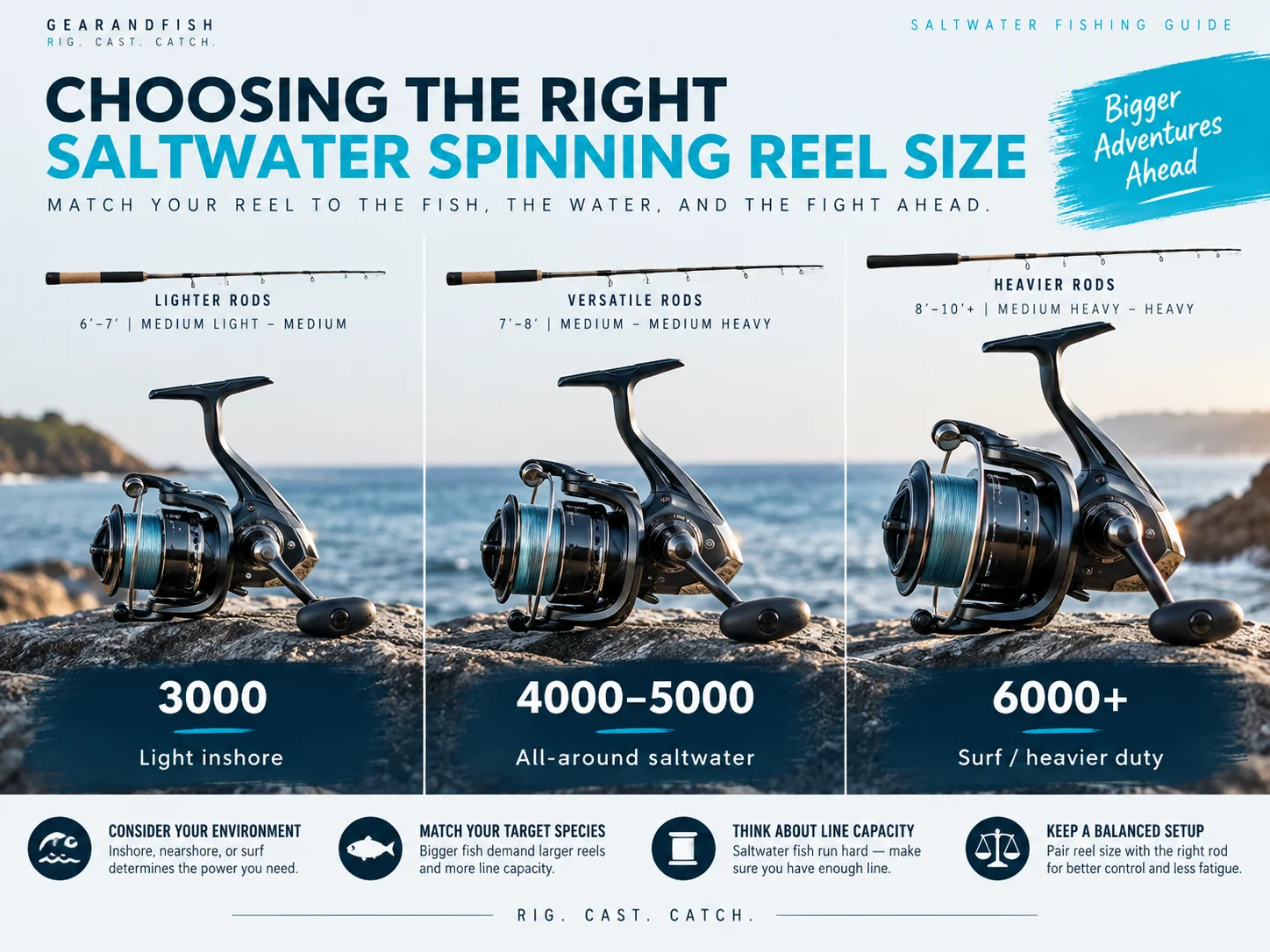 Infographic comparing 3000, 4000 to 5000, and 6000 plus saltwater spinning reel sizes