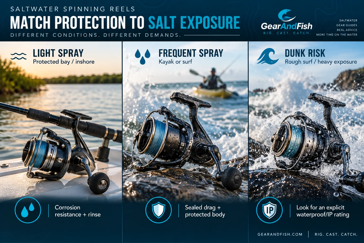 Infographic comparing saltwater reel protection for light spray, frequent spray, and dunk risk