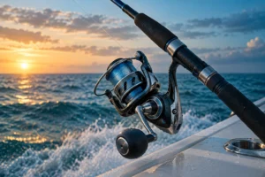 Saltwater spinning reel on a fishing rod beside open ocean at sunset