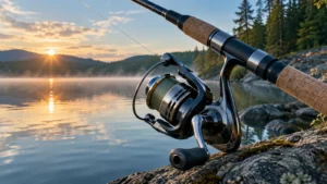 Generic spinning reel and rod beside a calm lake at sunrise