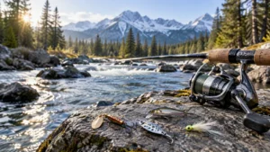 Trout fishing rod and mixed lures beside a clear mountain river