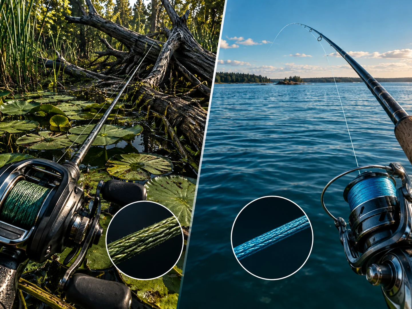Split fishing scene comparing braided line use in heavy vegetation and open-water casting