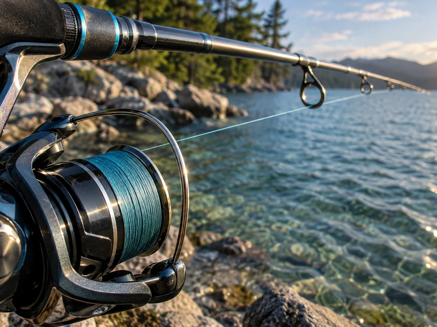 Close-up of braided line on a spinning reel running through rod guides over clear water
