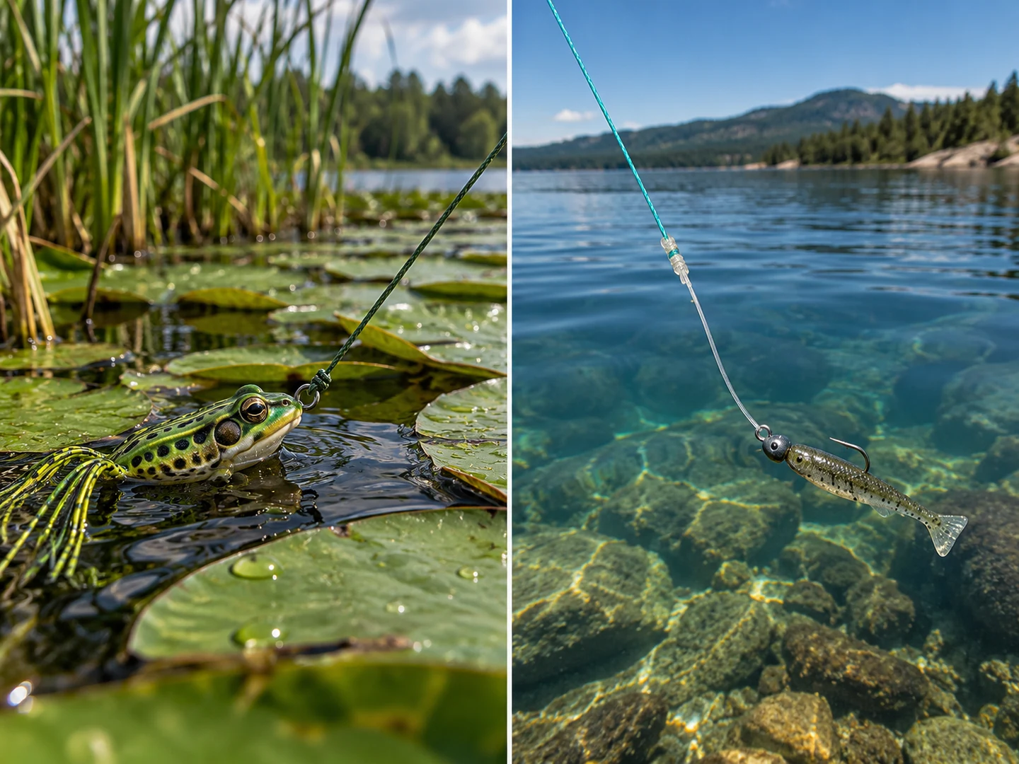 Split fishing scene showing direct braid for a frog in cover and a braid-to-leader finesse setup in clear water