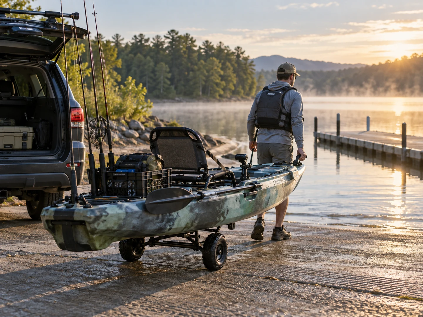 Angler rolling a rigged fishing kayak toward a lake launch at sunrise