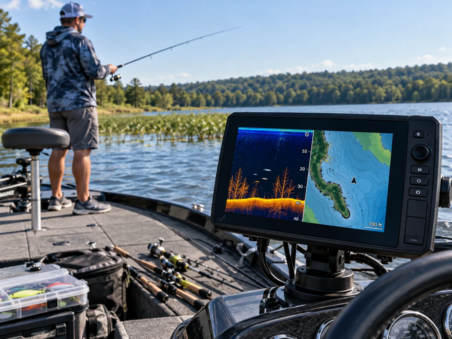 Mounted fish finder showing sonar and lake mapping while an angler fishes from a boat