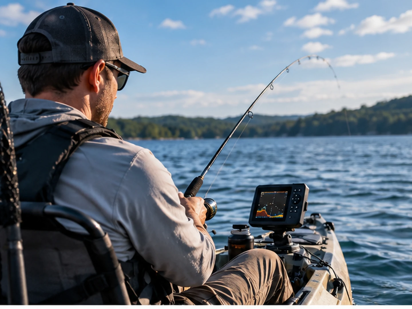 Kayak angler using a mounted fish finder while fighting a fish on open water