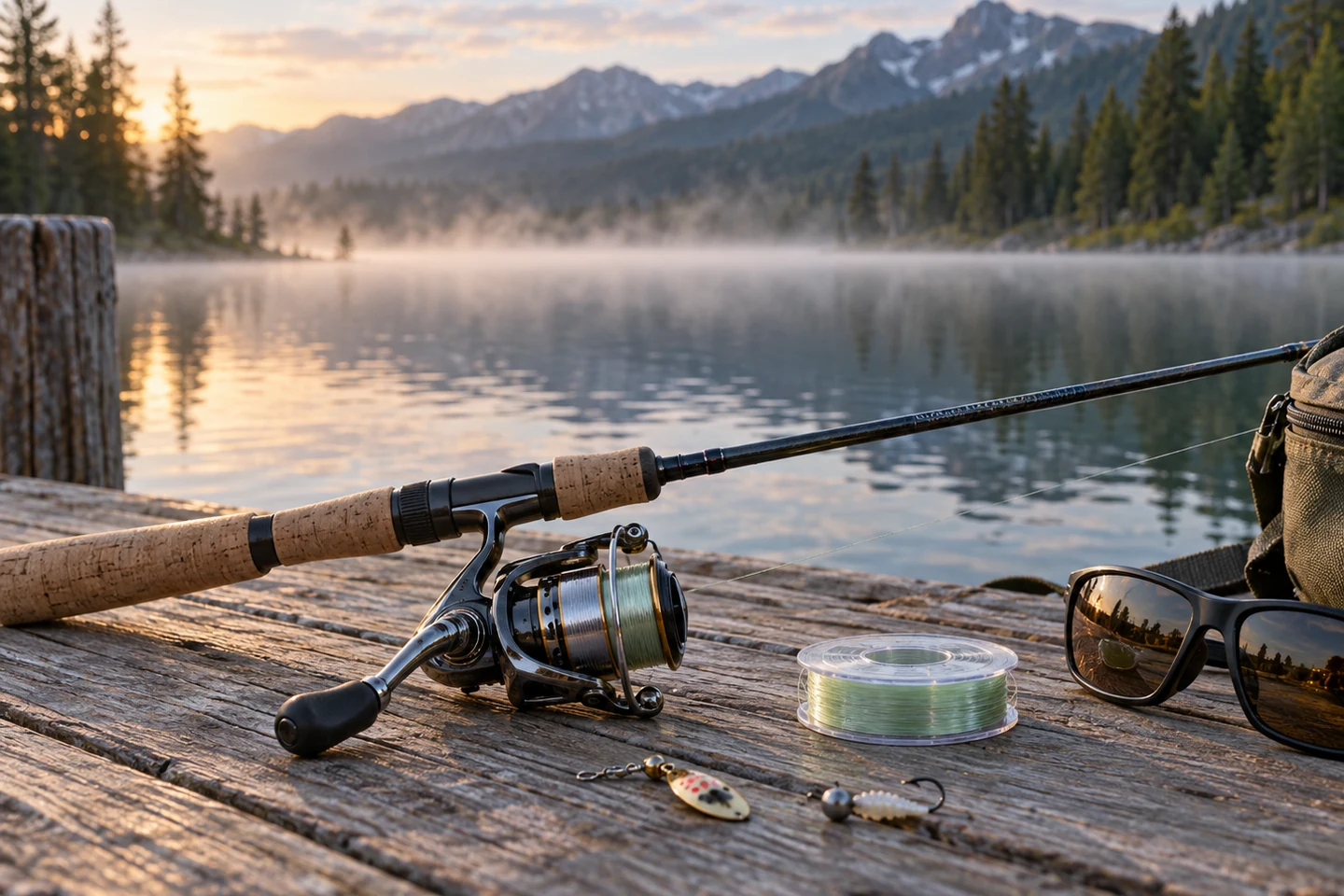 Ultralight spinning setup with light line and small lures on a lakeside dock