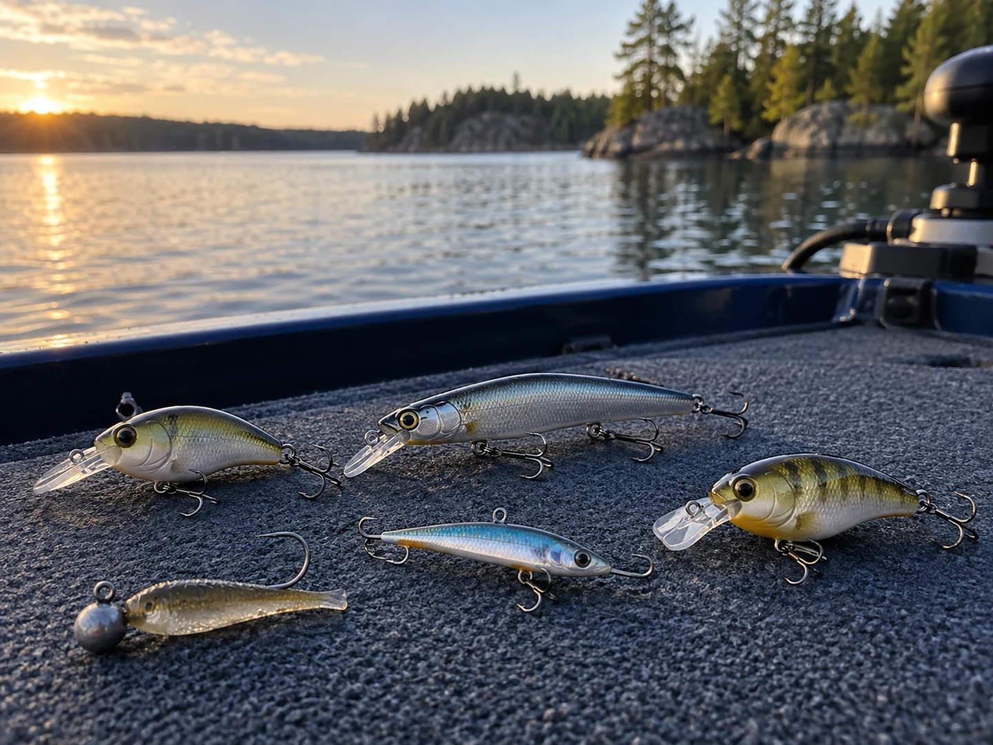 Selection of crankbaits, minnow lures and a jig arranged on a fishing boat deck