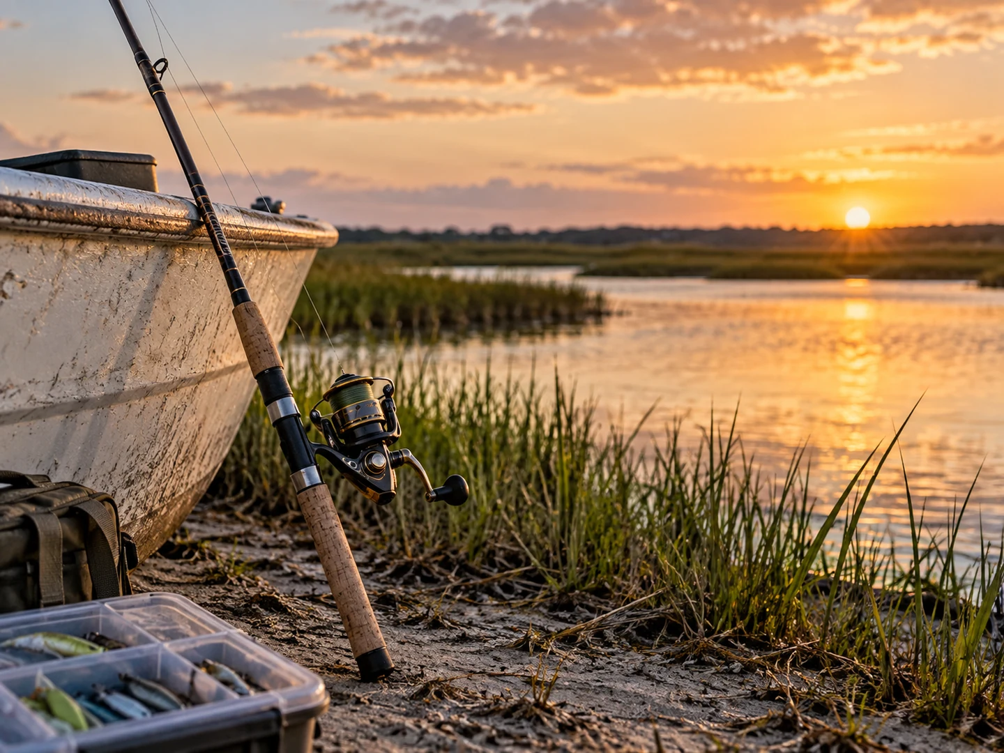Spinning rod setup beside an inshore marsh at sunset