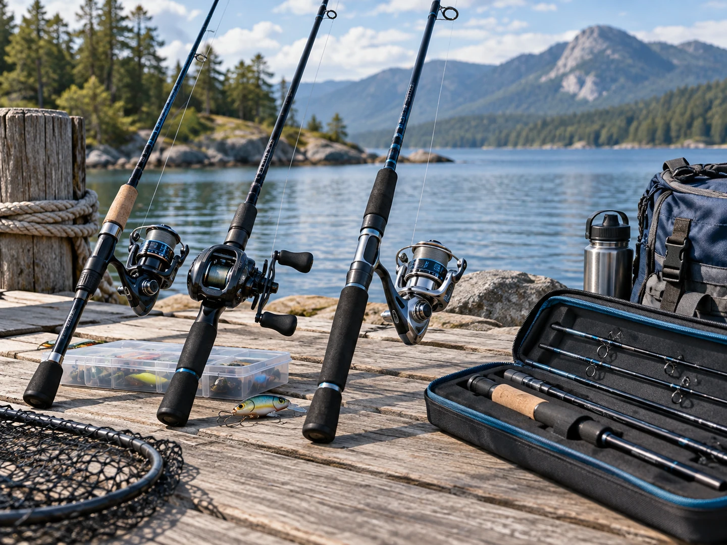 Different fishing rod and reel setups arranged on a dock beside a mountain lake