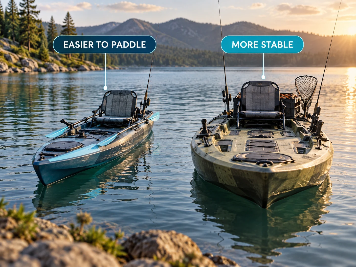 Side-by-side comparison of a slimmer fishing kayak and a wider stability-focused fishing kayak