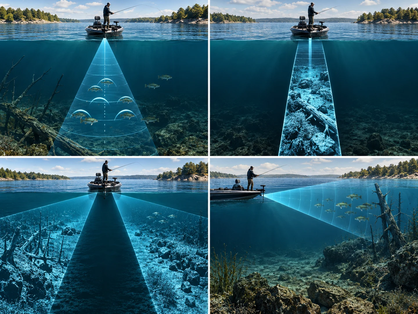 Four-panel illustration comparing downward sonar, down imaging, side imaging and forward-facing live sonar coverage