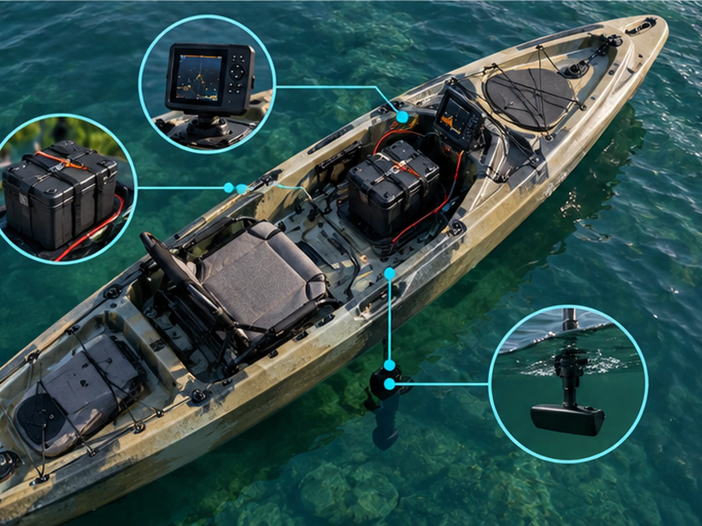 Kayak fish finder rigging layout showing display, battery position, wiring path, and transducer location