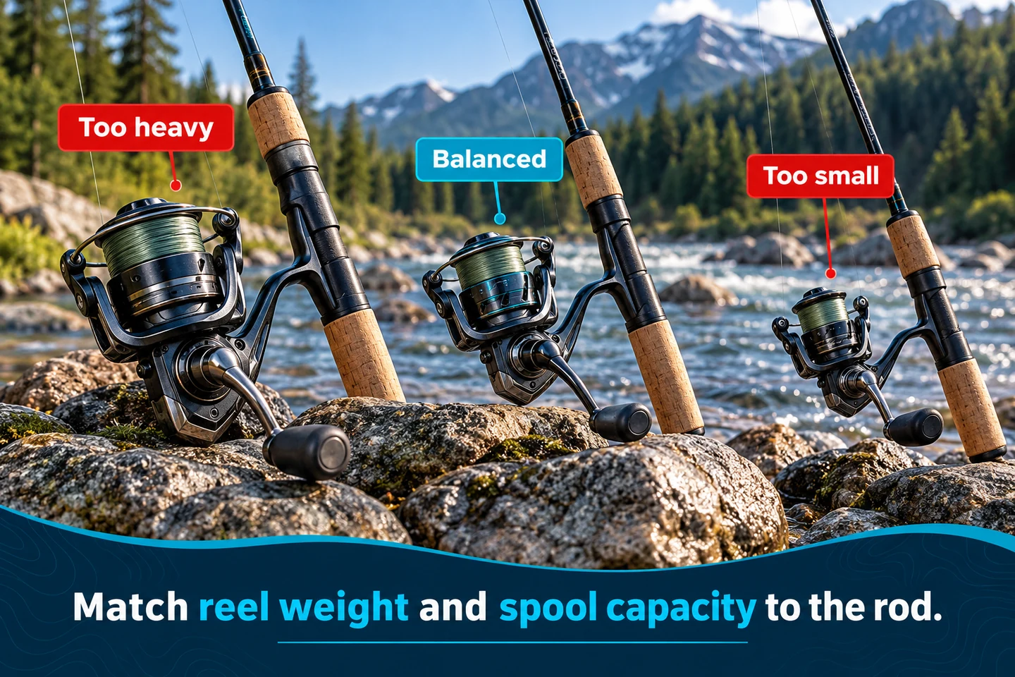 Infographic comparing an overly heavy reel, a balanced reel and an undersized reel on ultralight rods