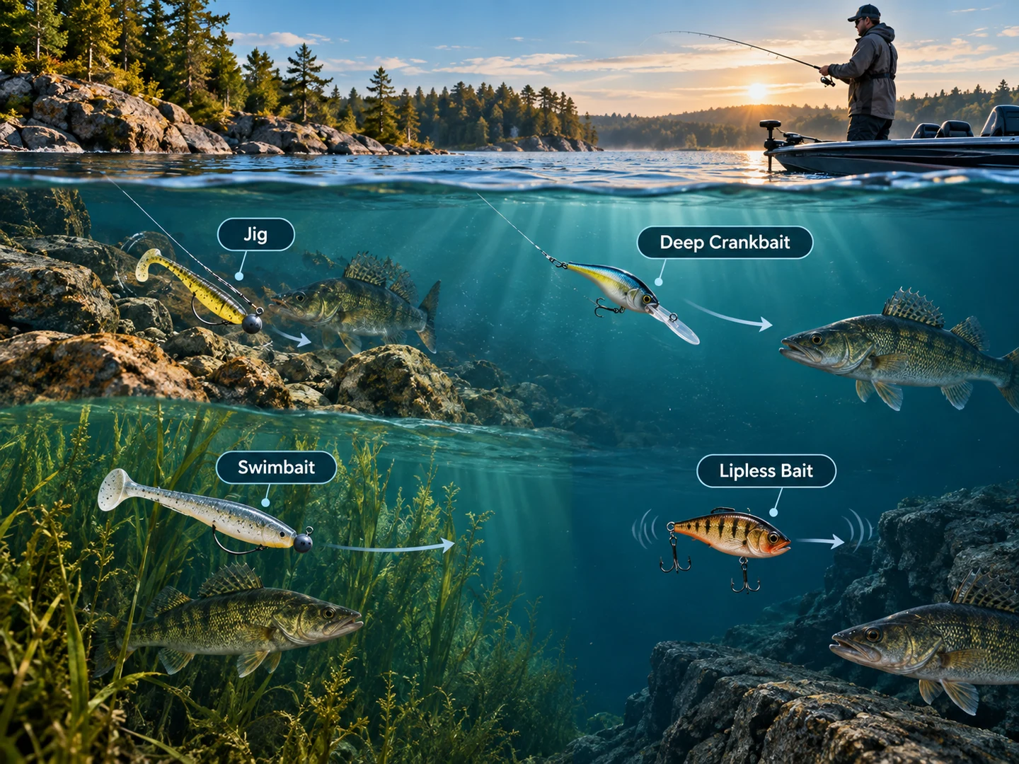 Illustrated walleye lure guide showing jig, deep crankbait, swimbait and lipless bait presentations underwater