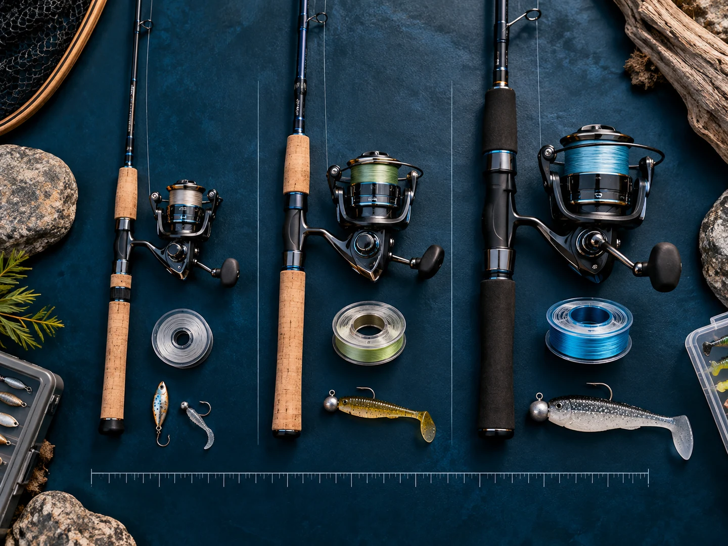 Three generic spinning setups illustrating ultralight, medium and heavier rod choices