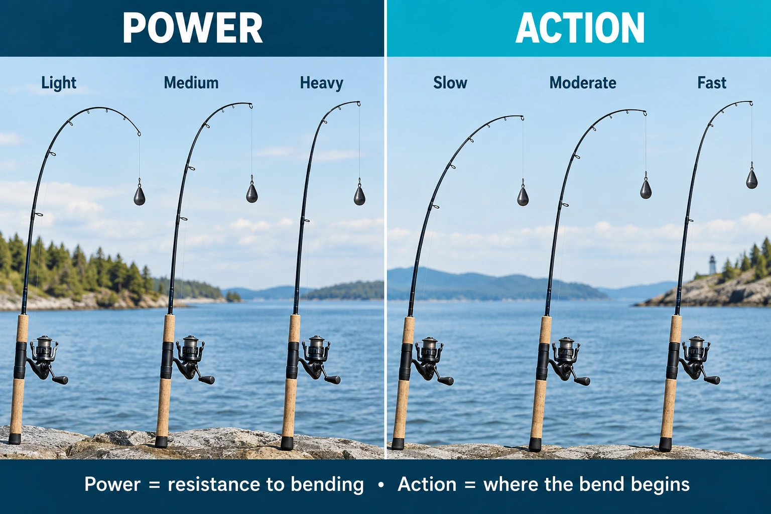 Fishing rod diagram comparing rod power with rod action and where the blank bends