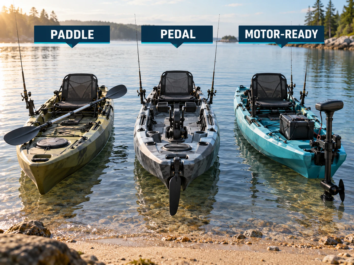 Fishing kayak comparison showing paddle, pedal and motor-ready propulsion layouts
