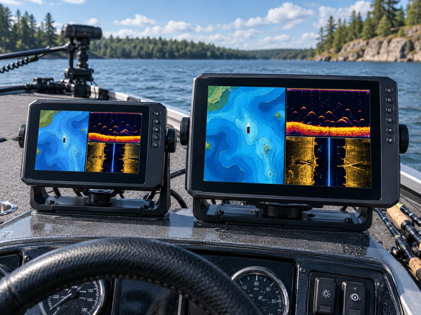 Seven-inch and nine-inch fish finder displays compared side by side on a boat console