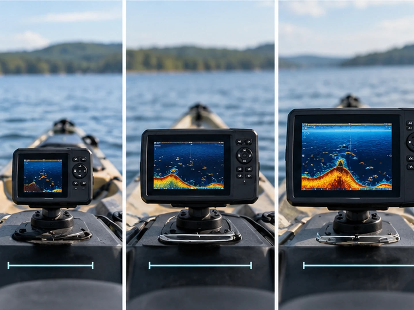 Visual comparison of compact, midsize, and larger fish finder screens mounted on a kayak deck