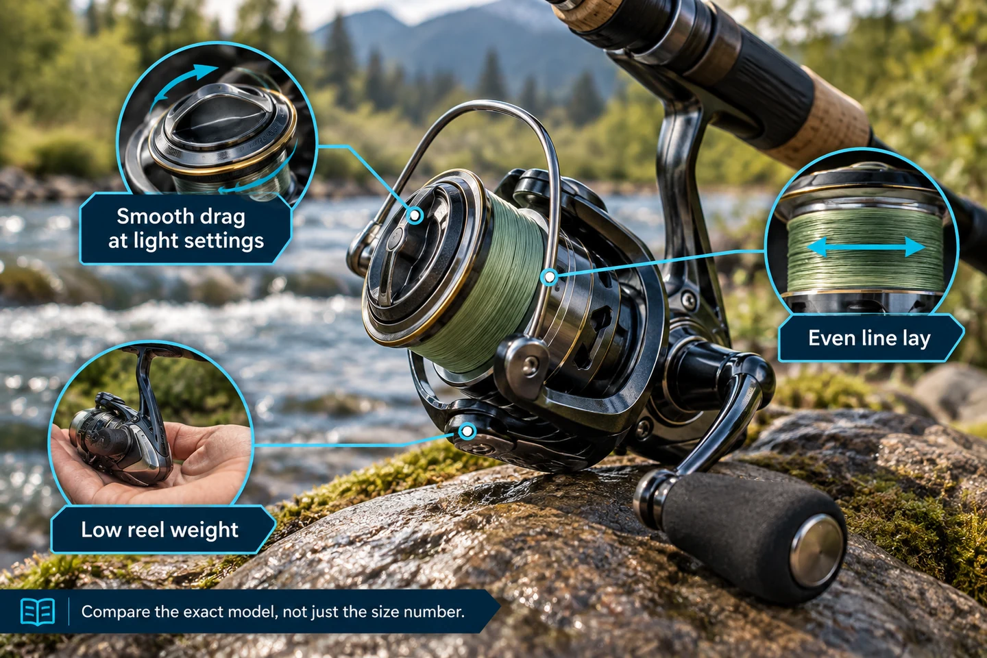 Infographic highlighting low reel weight, smooth drag and even line lay on an ultralight spinning reel